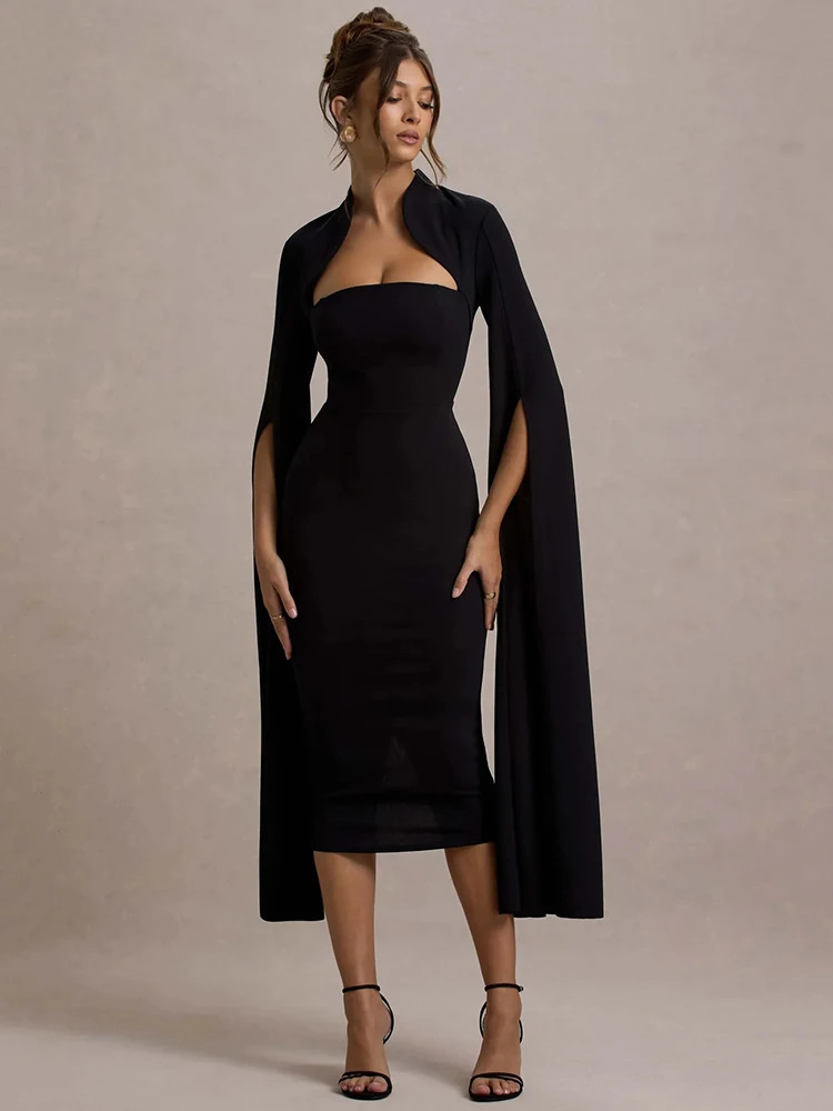 Mozision Cape Long Sleeve Sexy Midi Dress For Women Autumn Winter Square Collar Back Slit Bodycon Club Party Long Dress 250303