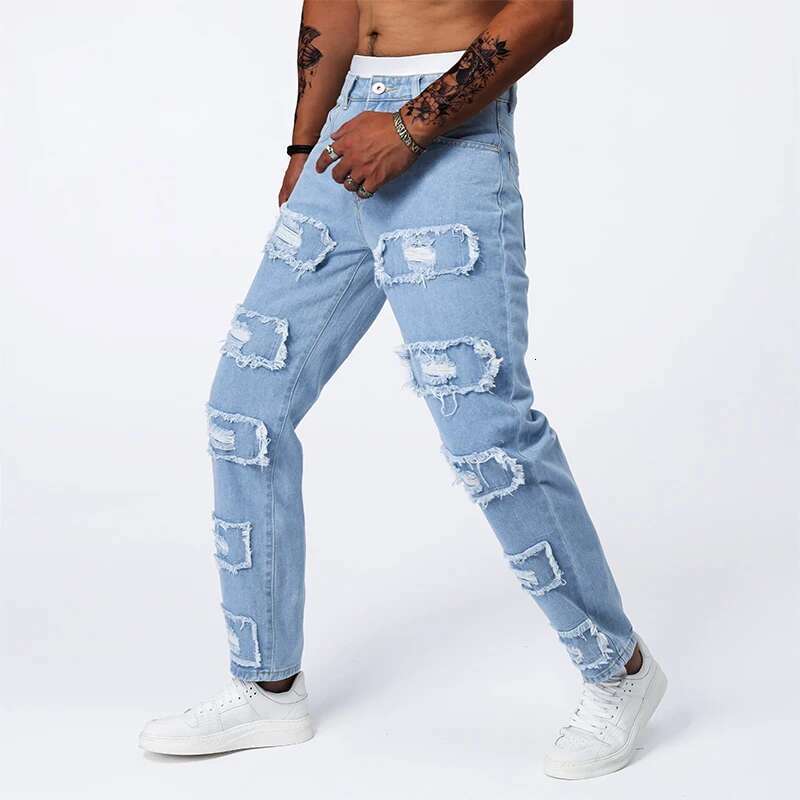American High Street Broken Hole Jeans Slim Small Leg Summer Thin Section Light Blue Casual Elastic Pants Men