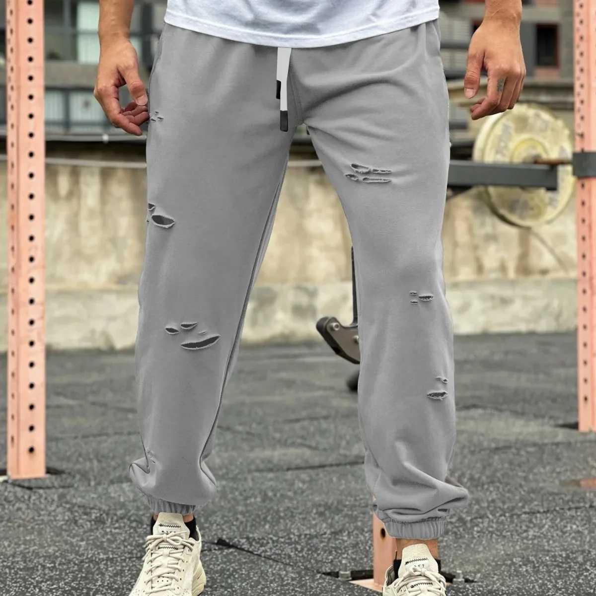 Mens streetwear casual trend cuffs pants jogging drag sports pants tearing Trouser gym fitness bottom mens clothingXJ250303