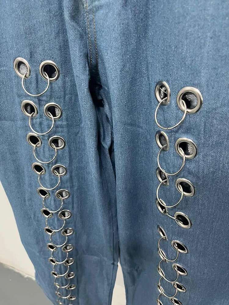 Fashion Metal Hole Jeans For Women Hollow Out Straight Loose Casual Denim Pants Spring New Items 19F2031