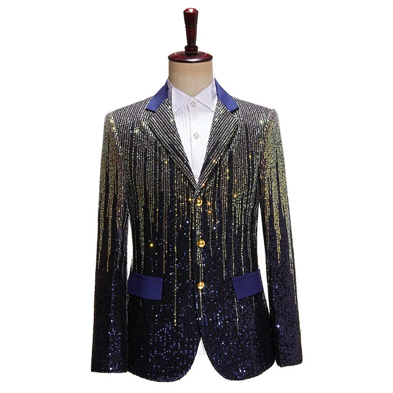 Shiny Gradient Sequin Suit Jackets Men Lapel Collar Tuxedo Blazers Male Wedding Party Singer Host Stage Performance Costume 250304