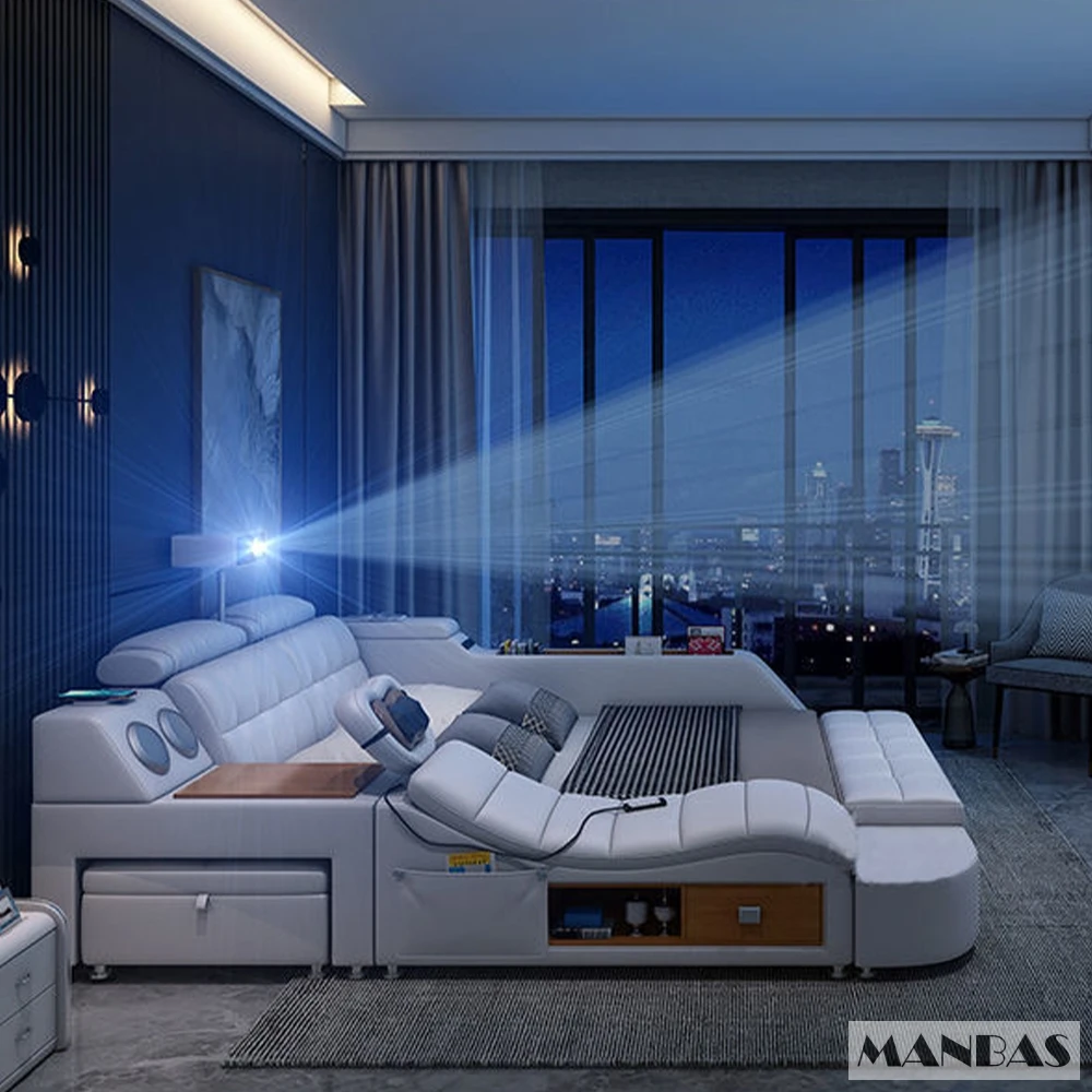 MANBAS Tech Smart Genuine Leather Bed | Multifunctional Ultimate Beds | Massage Tatami Bed with Projecter | Upholstered Cama