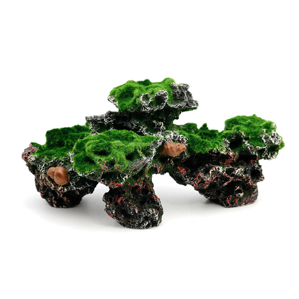 Resin Green Rockery Aquarium Decor Artificial Mountain Coral Reef Rock Cave Stone Moss Fish Tank Ornament Decoration S/L