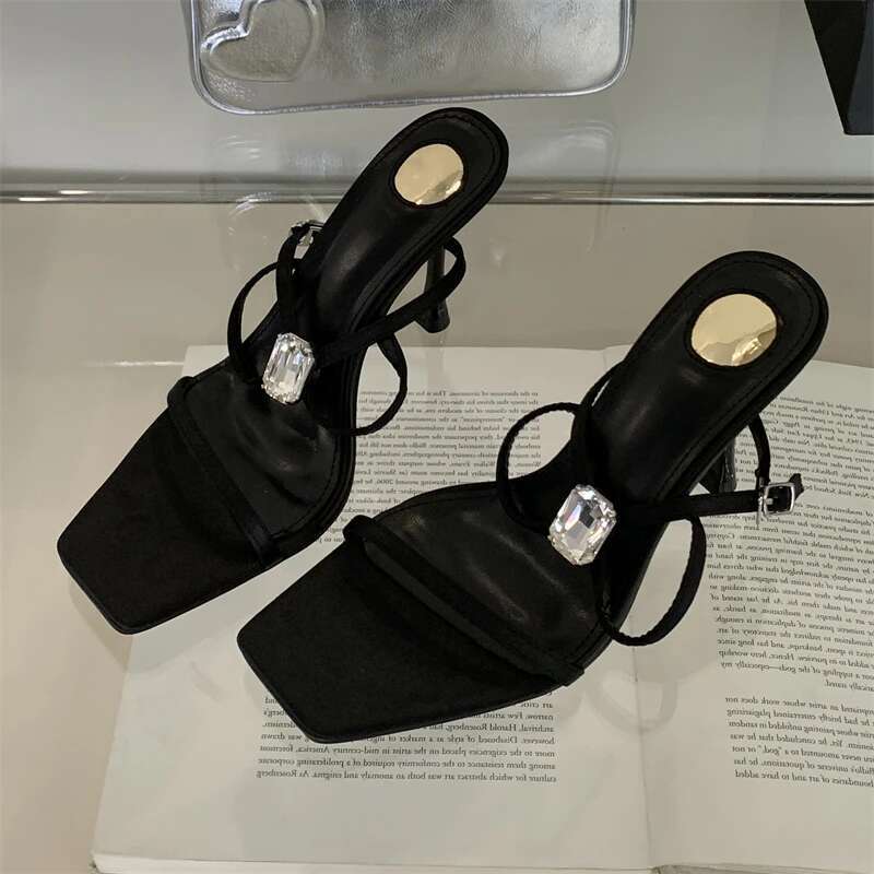 Sexy Crystal Eilyken Dia Square Toe Buckle Strap Women Sandals Street Style Thin High Heels Stripper Party Shoes