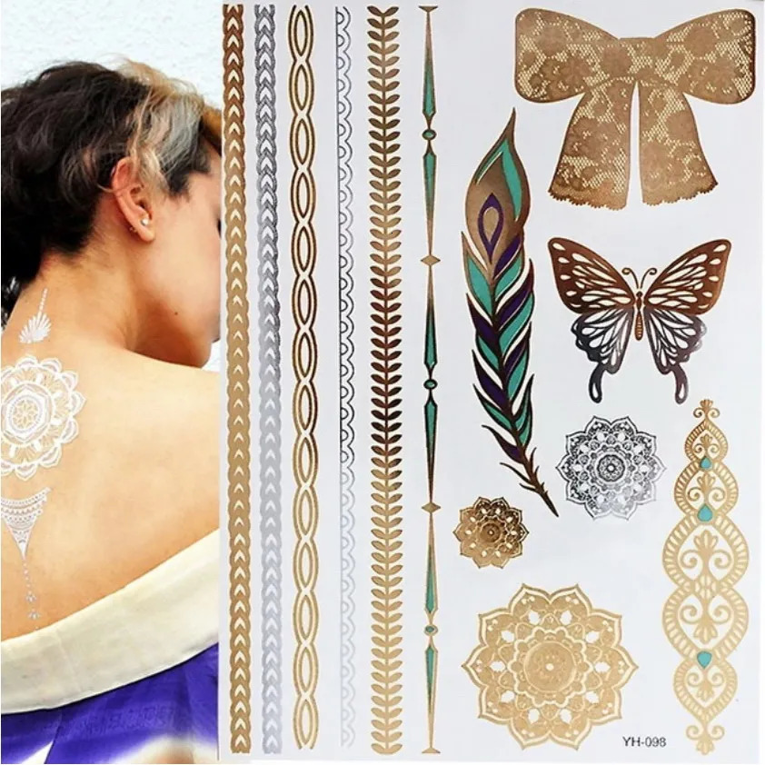 Flash Metallic Waterproof Temporary Tattoo Gold Silver Women Henna Mandala Flower Lace Taty Indian Arabic Sticker 250219