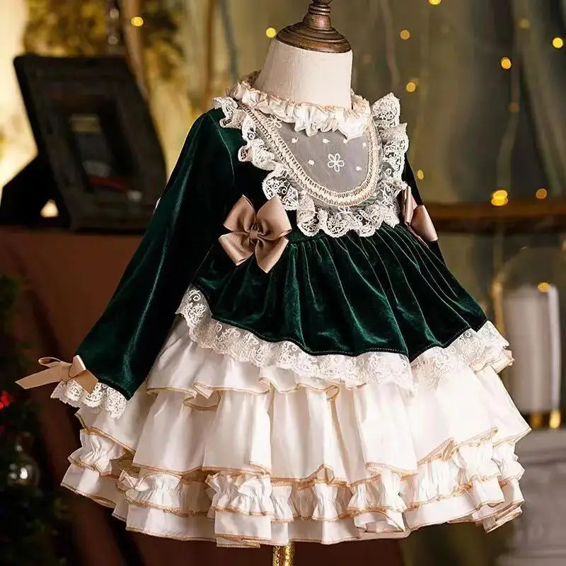 08yearold childrens birthday party Lolita bow long sleeved girl princess dress Christmas carnival fluffy baby evening 250303