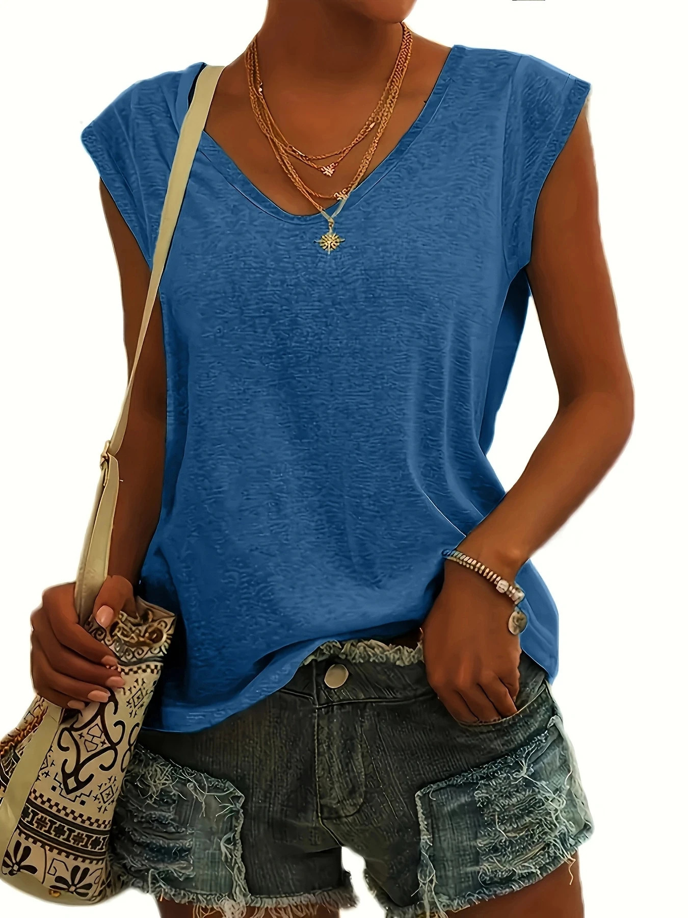 SpringSummer Cross border European and American Womens Fashion and Casual Solid Color V-neck Short sleeved T-shirt on 250303