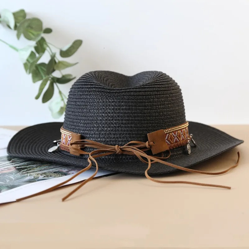 2025 Fashion Bohemia Style Vacation Straw Hat Women Beach Grassland Travel Retro Cowboy Sun Hat Womens Wide Brim Panama 250227