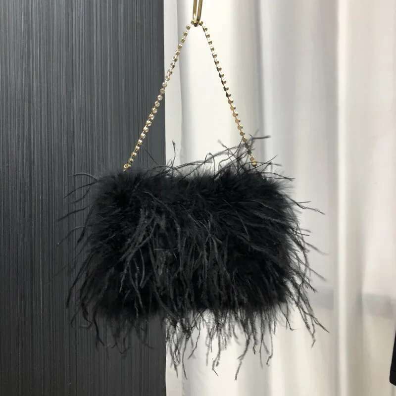 Handmade Ostrich Feather Evening Fashion Metal Rhie Chain Shoulder Bags Prom Party Clutches For Women Clutch