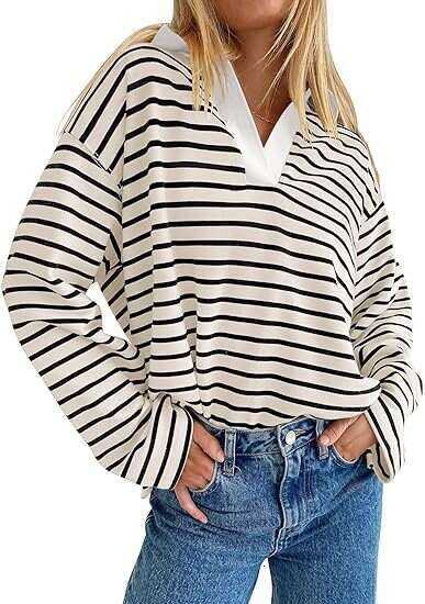 European American autumn and winter striped V-neck contrasting loose long sleeved sweatshirt jacket 2025 new casual versatile fashion clothing