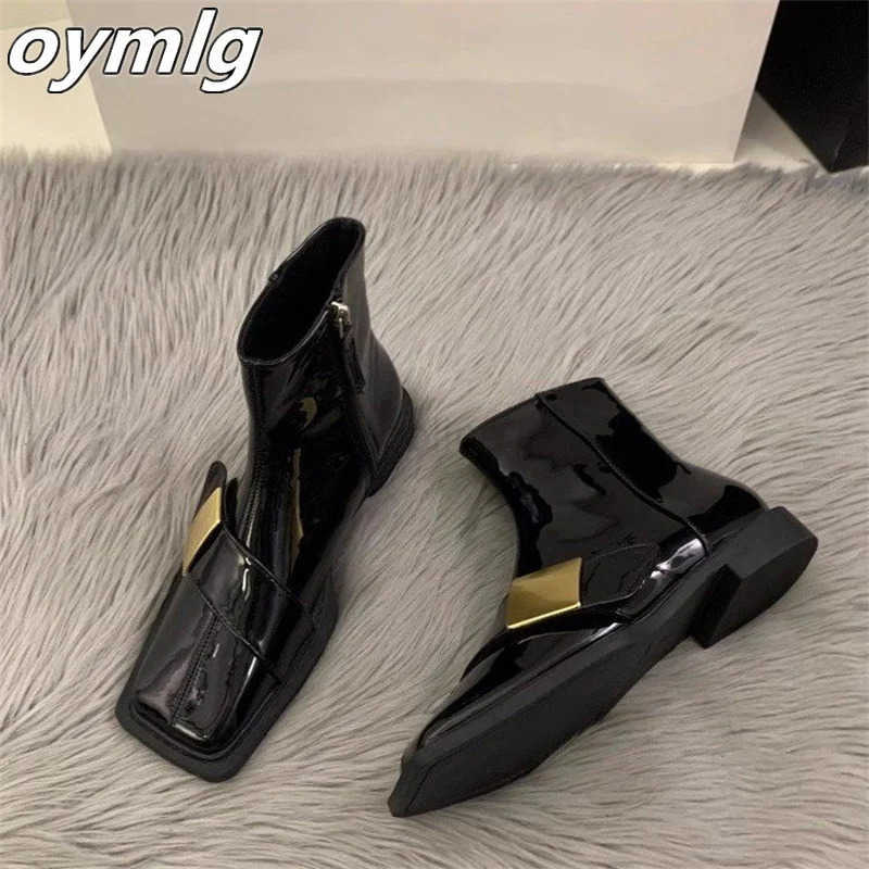 Flat botted square toe black boots wens shoes 2024 new autumn and winter short boots Z250304