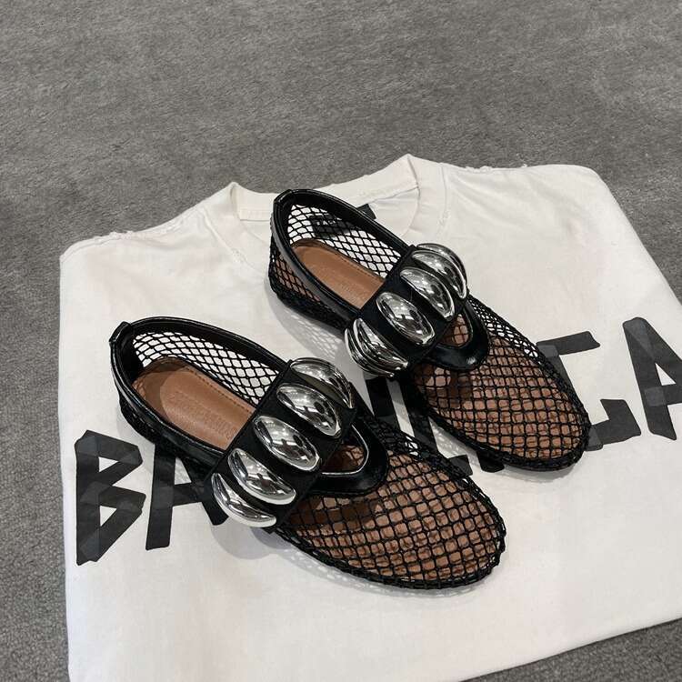 Sheepskin Edition~Spring/Summer New Flat Ballet Mesh One Word Metal Buckle Hollow Mary Jane Single Shoes