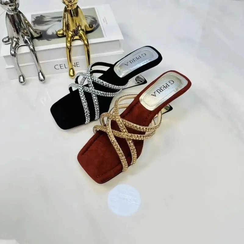 Luxury Rhine Wen Shoes 2025 New Korean Fi Wens Leopard Print Slippers Fiable Outer Wear High Heel Slippers Z250304
