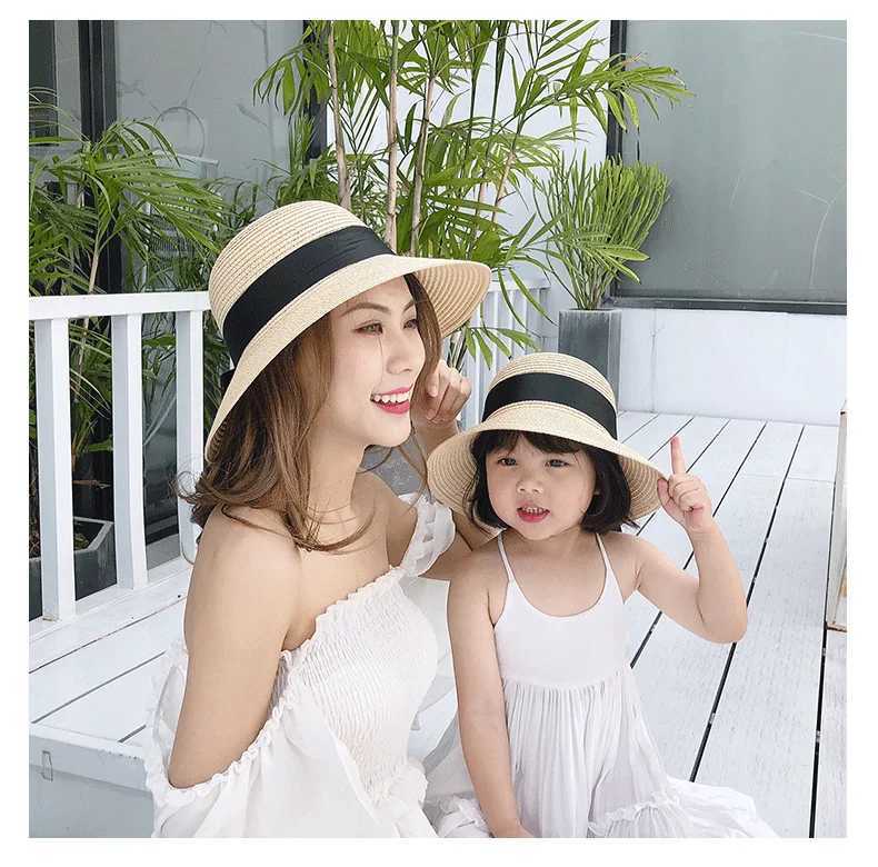 Summer Str Hats for Beach Mom and Daughter Sun Panama Hats Simple Bow Kids Women Girl La Sunshade Bohemia Beach Vocation CXJ250304
