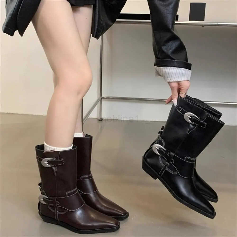 High Quality Brand New Punk Buckle Belt Black Cowboy Boots Square-heeled Pointy Toe Vintage Brown Motorcycles Boots Wen Shoes Z250304
