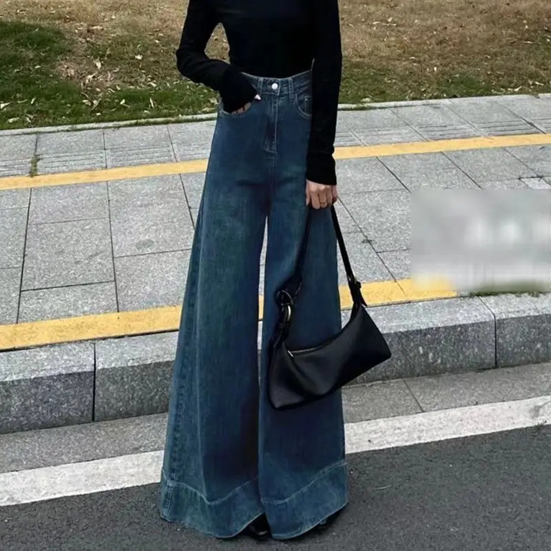 American Retro High-Waist Skiny Flare Pants Wide-Leg Long Jeans Womens Autumn Denim Long Trousers High Street Streetwear 250228