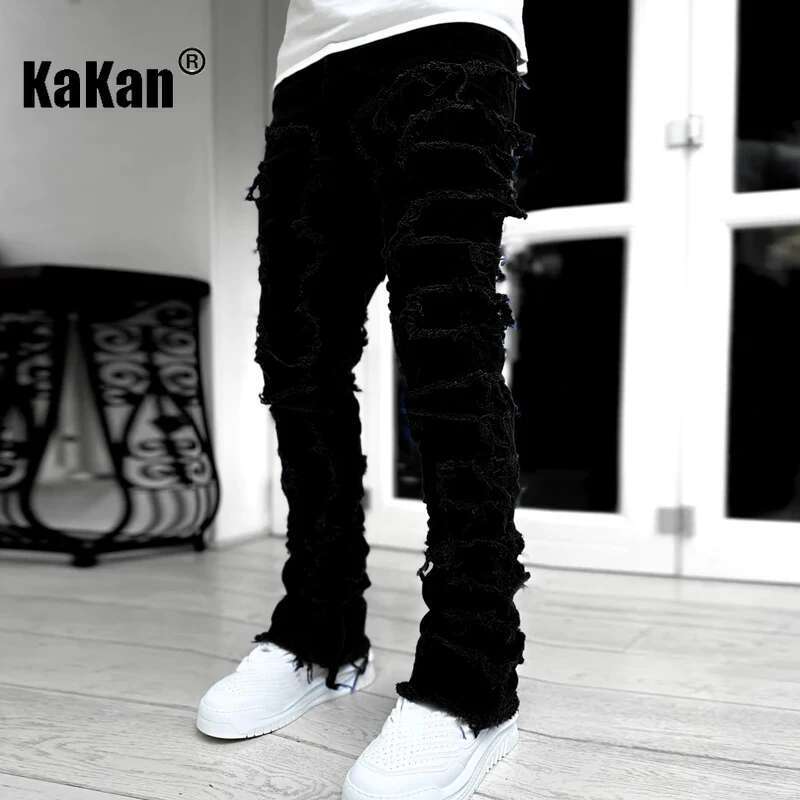 Kakan - New European And American Heavyweight Streetwise Stretch Patch Jeans For Men, High Street Straight Fit Long Jeans16-3001