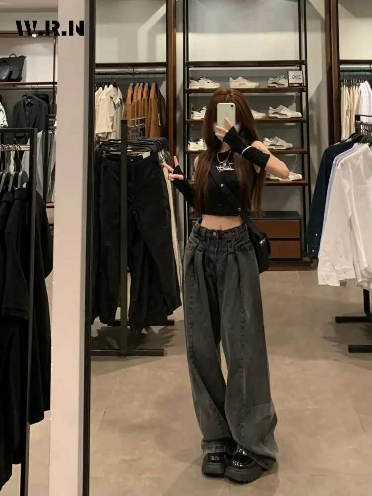 American Vintage Grunge Waist Straight Jeans Women's Casual 2000S Washed Pants Baggy Y2k Wide Leg High Street Denim Trouser