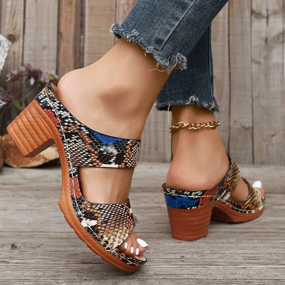 Women's Slippers Summer New Women Fashion Big Size Thick Heel Shoes Fish Mouth Outdoor Leopard Print Increase Sandals