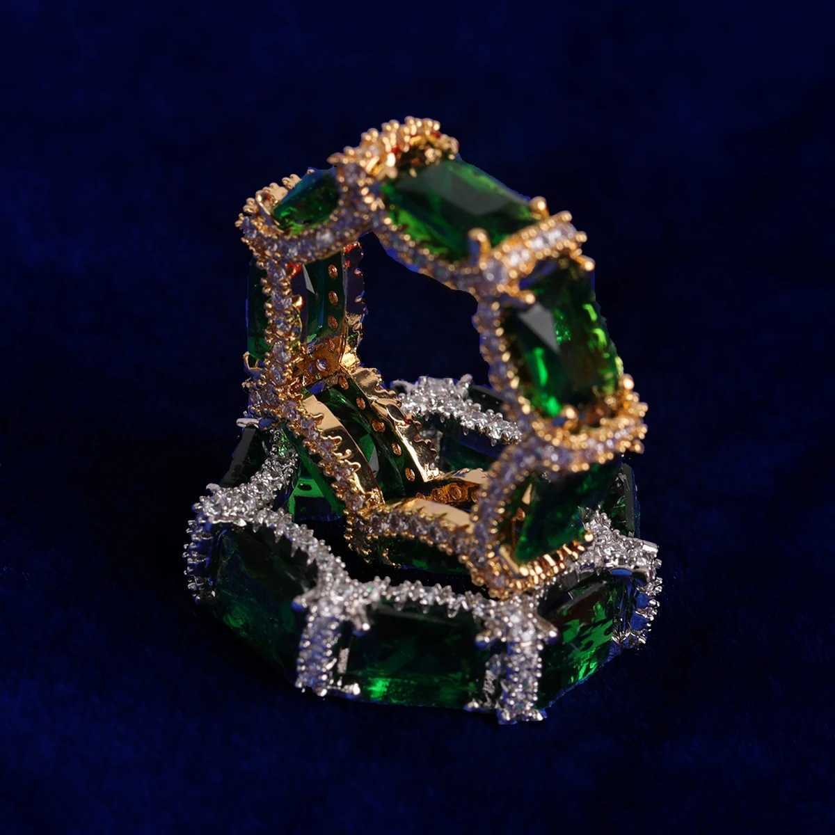 Couple Rings Wind hip-hop green ring with micro inlaid zircon real gold electroplating fashionable and personalized trendsetter ring H25303