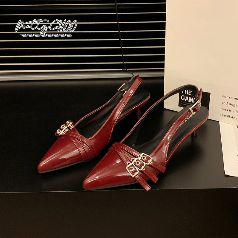 n Shoes Woman Wine Red Narrow Band Buckle Strap Slingback Sandals Ladies Pointed Toe Kitten Heel Evening Pary Dress Pumps 250228