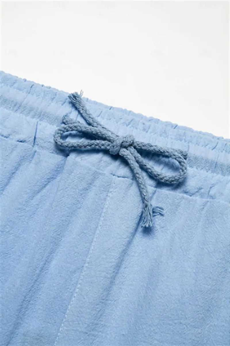 Summer Cotton And Hemp Shorts Draw Rope Elastic Waist Straight Leg Solid Color Breathable Daily Beach Five Minute Casual MediumT250304