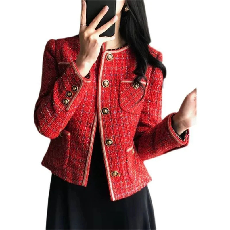 Vintage Red Tweed Wool Coat Womens 2024 AutumnWinter French Loose and Versatile Temperament Woolen Jacket Female 250225