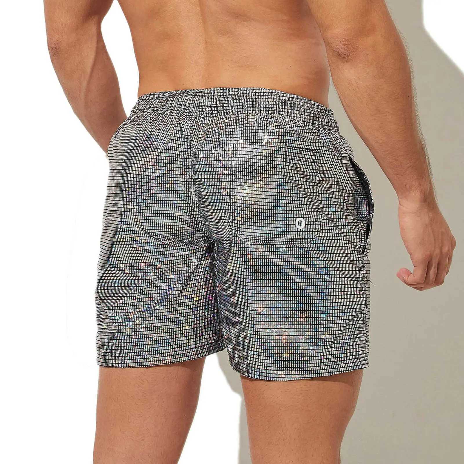 Metallic Print Beach Shorts Shiny Drawstring Mens Clothing with Elastic Waistband Quick Dry Mens Sequin Gym Pants for RunningT250304