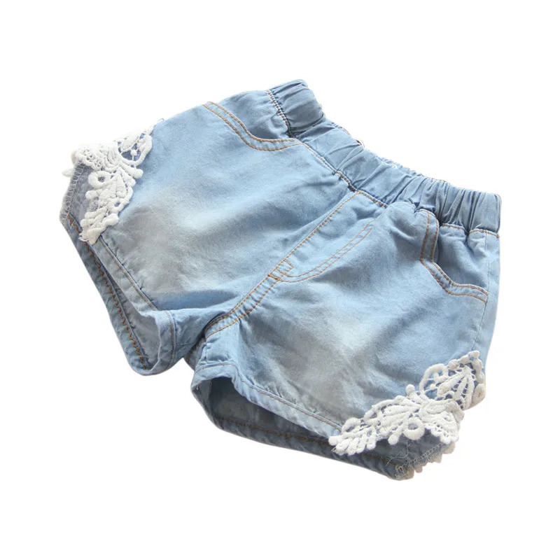 Summer Fashion 2 3 4 6 8 10 12 Years Children Cotton Baby Lace Edges Patchwork Jeans Kids Girls Denim Blue Shorts 250304