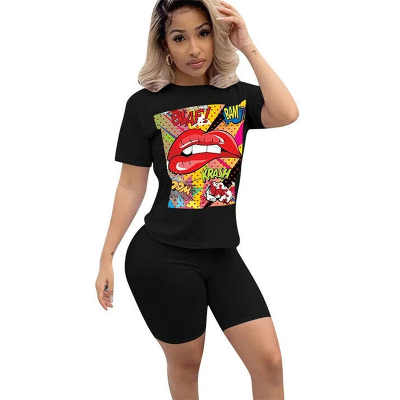 Summer Red Lip Printed Women Casual Two Piece Set Short Sleeve Tee Top Biker Shorts Above Knee Pants Suit Tracksuit Outfits 250303