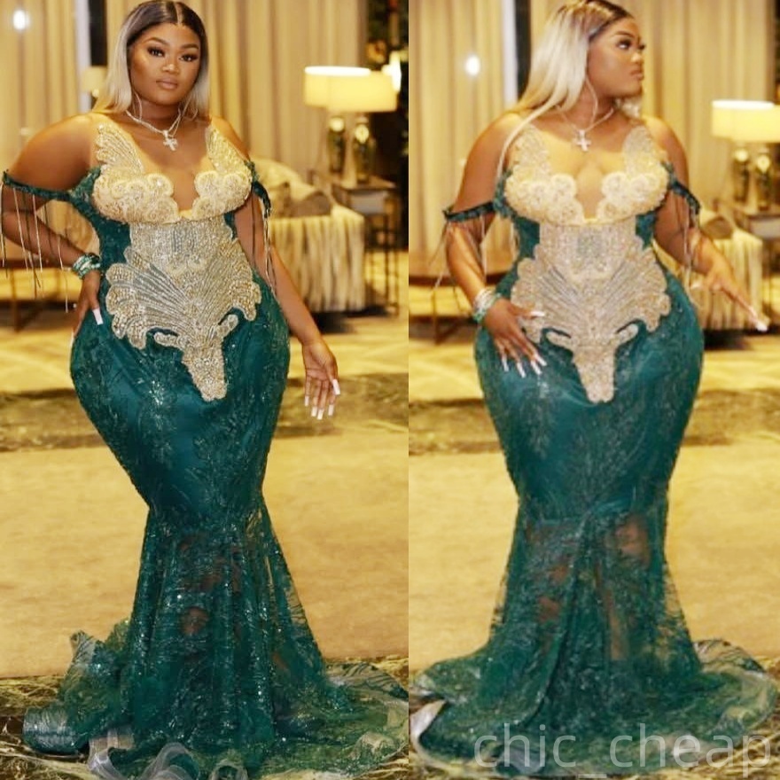 Dark Green Mermaid Prom Dresses 2025 Crystals Lace Sheer Neck Vintage Evening Formal Party Second Birthday Engagement Gowns Plus Size Dress For Specia