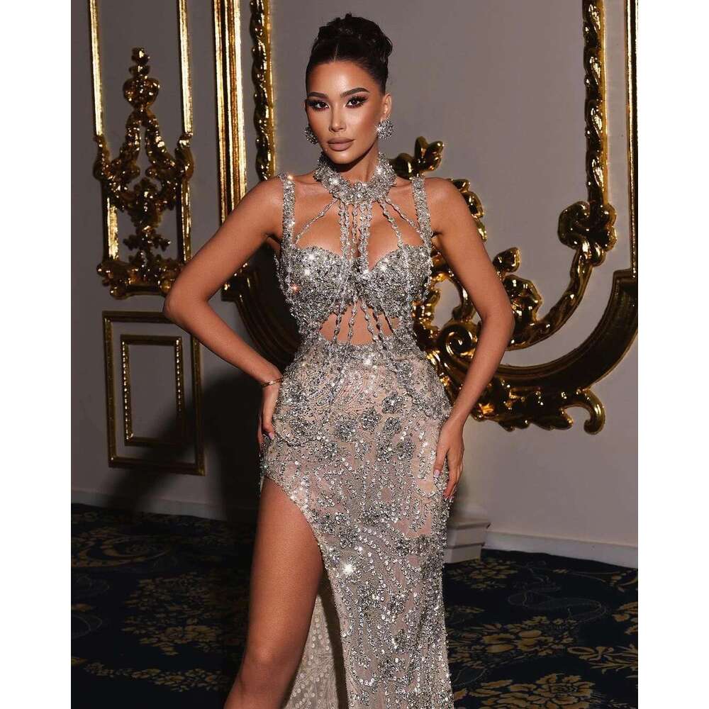 Romantic Mermaid Evening Dresses, O-Neck, Sequins Beads, Hollow Chain Appliques, Side Split, Dress, Prom Dress