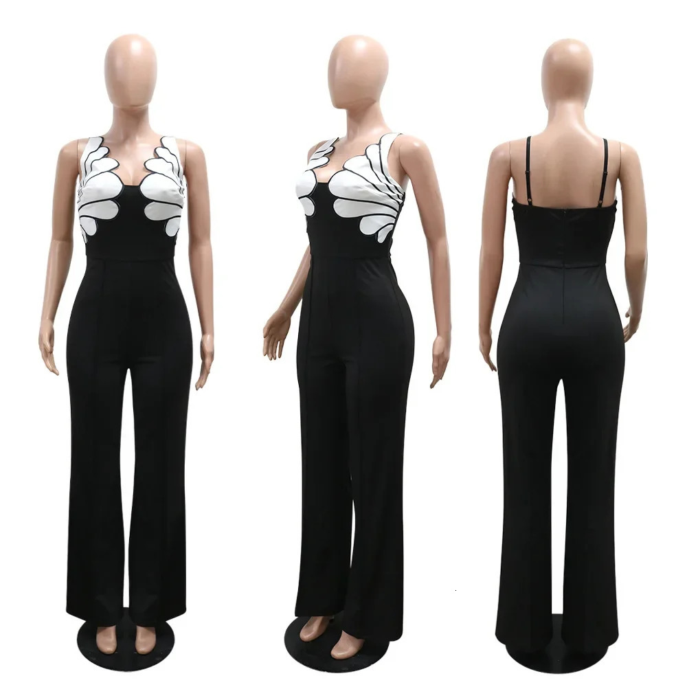 CM.YAYA Women V-Neck Backless Wide Leg Straight Sleeveless Jumpsuits 2025 Spring Patchwork Sexy One Piece Set Streetwear Outfits 250303