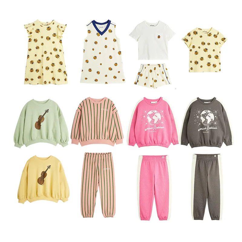 Childrens Set Fashion Cartoon Ladybug Printed Girl Dress Casual Cotton Boy T-shirt Shorts Set Childrens Sweatshirt 250304