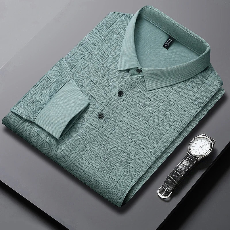 Mens Business Casual Long Sleeved Shirt Solid Color Polo Shirt Fashionable Breathable Comfortable Versatile Top 250304