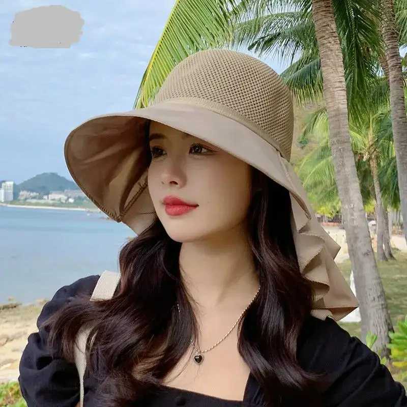 Women Hat Summer Bucket Hat With Shl Lightweight Breathable Mesh Face Neck Protection Sun Hat Bow Big Brim Travel Beach HatXJ250304