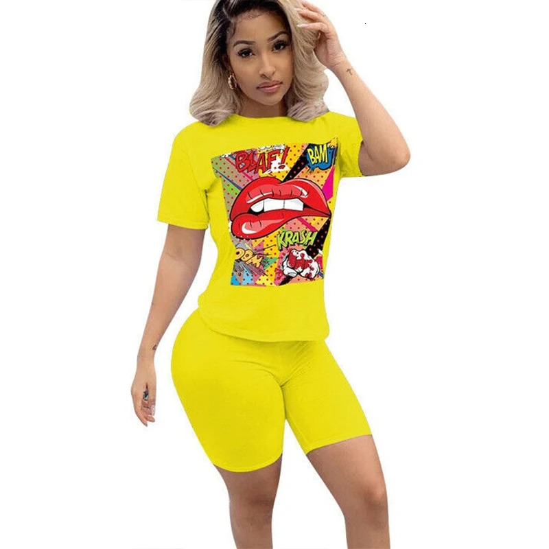 Summer Red Lip Printed Women Casual Two Piece Set Short Sleeve Tee Top Biker Shorts Above Knee Pants Suit Tracksuit Outfits 250303