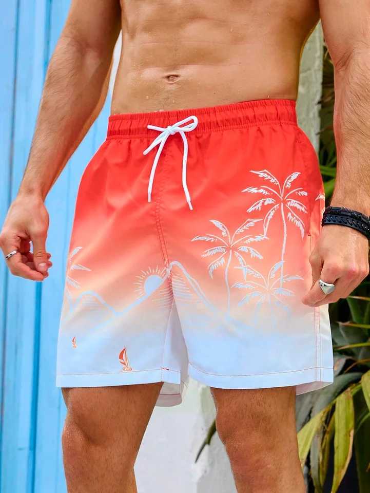Mens Loose Beach Shorts With Drawstring And Breathable Polyester Shorts Summer 3d Coconut Tree Print Casual Surfing ShortsT250304