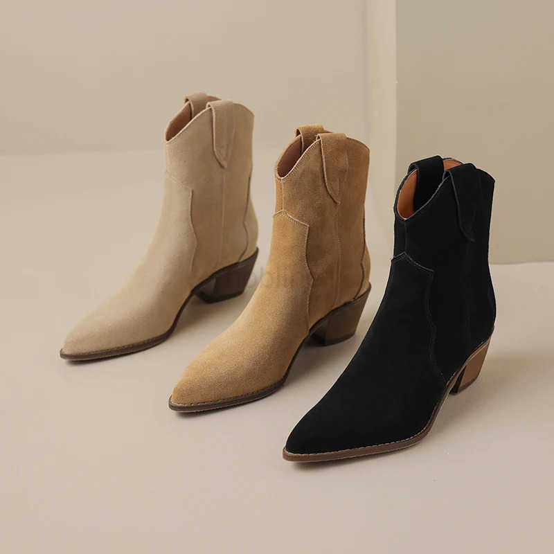 FENXINA Large Size 34-44 New Cow Suede Leather Wern Boots Wen Pointed Toe Block H Autumn Winter Ankle Boots Ladies Shoe Z250304
