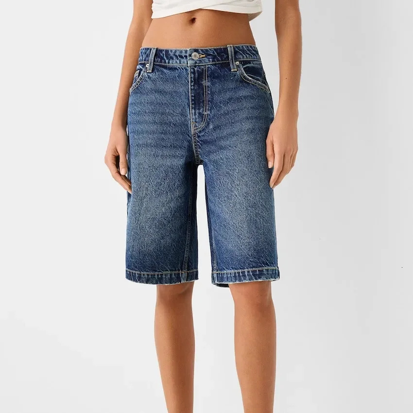 Imcute Y2k Womens Knee Length Denim Shorts High Waist Baggy Jean Shorts Bermuda Shorts Straight Leg Carpenter Shorts 250303