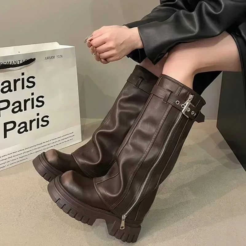 Winter Wen Biker Boots Modern Boot 2024 Fion Belt Buckle Ladies Platform Long Pipe Booties Casual Wens Knee High Booties Z250304