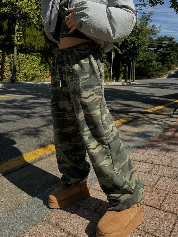 Deeptown Y2k Vintage Leopard Print Mid Waist Long Pants Women American Retro Streetwear Hip Hop Letter Print Loose Trousers 2025 250303