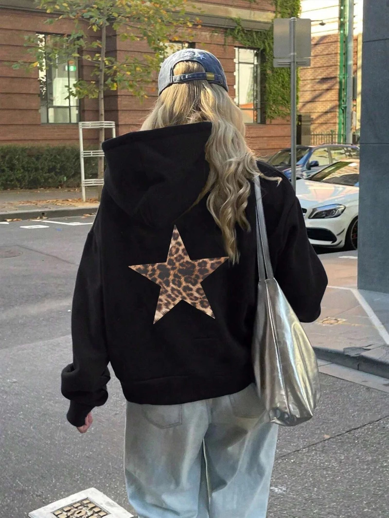 Casual Womans Hoodies Leopard Pentagram Pattern Printing Pullovers Loose Pocket Warm Fleece Sweatshirts Autumn Female Clothing 250304