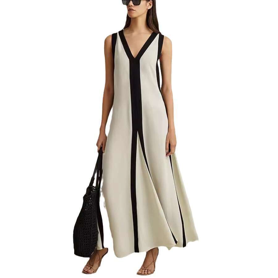 European and American sexy double-sided V-neck contrasting dress 2025 new casual versatile fashion clothing