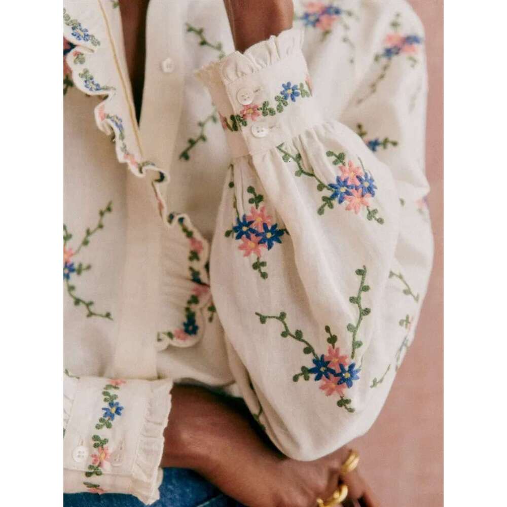 Women's French Stand Collar Ruffle Blouse 2025 New Autumn Long Sleeve Single Breasted Ral Embroidery Elegant Ladies Shirt