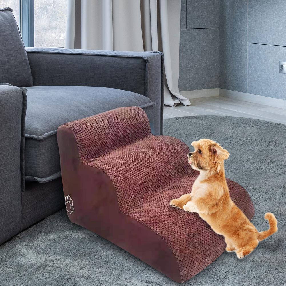 Pet Ladder Brown Gray Dog Steps For Large Dog Pet Steps For Small Dogs With Removable Cover 23.62*16.54*15.35in Flannel and H