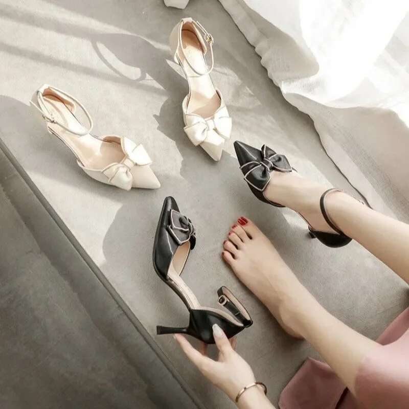 New Medium Heel Heels Womens Shoes Trend Pointed Toe Butterfly Stilettos Elegant Dress Weddings Bridal Party White Designer
