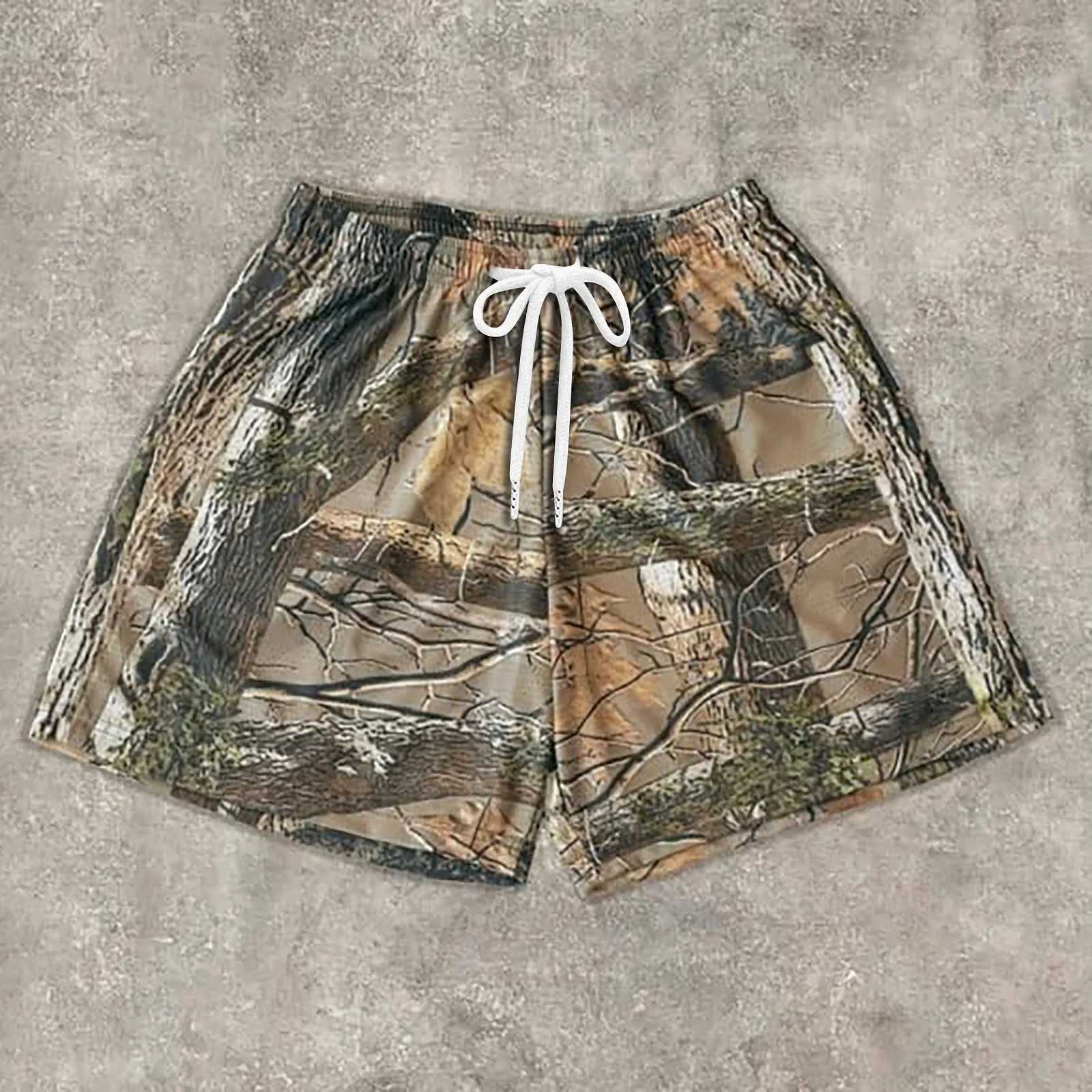 MenS Casual Athletic Camouflage Print Shorts Outdoor Fitness Branches And Leaves Print Shorts Summer Running Casual ShortsT250304