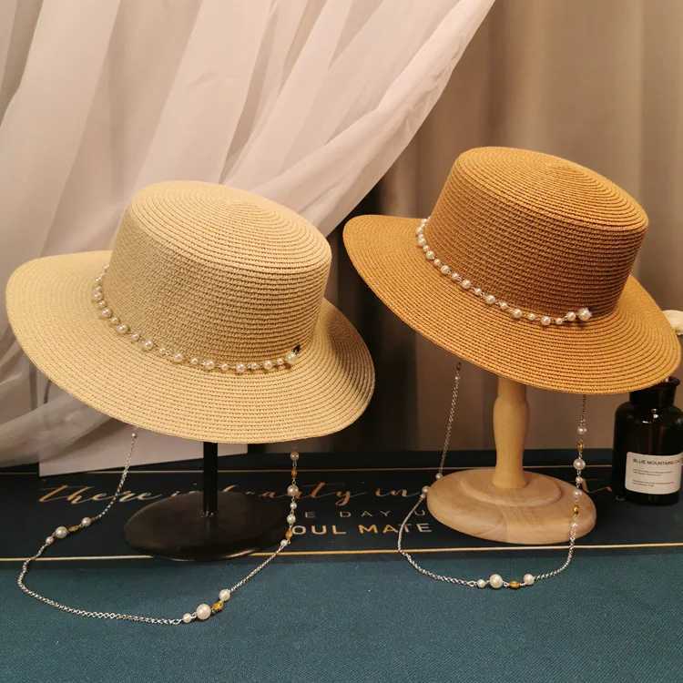 2023 Summer Elegant Pearl Chain Flat Sun Hats for Women Cheau Feminino Str Hat Panama Wide Brim Anti-UV Beach C Girl HatXJ250304
