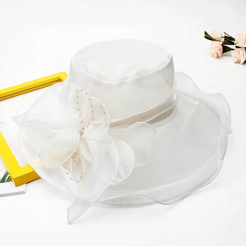 18 Color Ladies Summer Hat White Black Organza Church Fascinator Wedding Tea Party Dey Hats for Women Flower Wide Brim Sun HatXJ250304